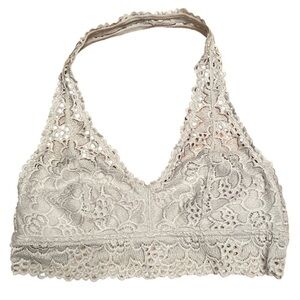 AERIE Bralette Silver Lace Wireless No Padding Halter Size L